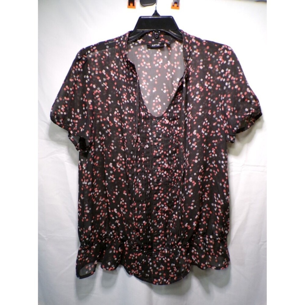 Apt 9 Women's Chiffon Floral Dot Blouse Flutter Sleeve V Neck Peplum L